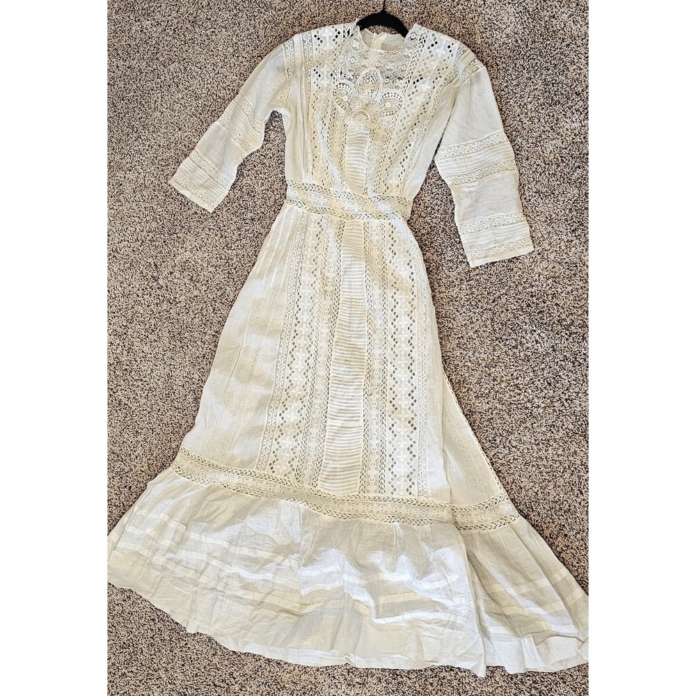 1900s Antique Edwardian White Summer Garden Lawn Dress Lace Linen Tea Gown #68 - Picture 10 of 14